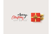 Vector illustration letttering Merry Christmas, gift box closed wrapped ribbon with bow.