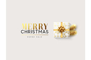 Vector illustration letttering Merry Christmas, gift box closed wrapped ribbon with bow.