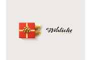 German text Frohliche Weihnachten. Vector illustration letttering Merry Christmas, gift box closed wrapped ribbon with bow.