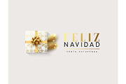 Spanish text Feliz Navidad. Vector illustration letttering Merry Christmas, gift box closed wrapped ribbon with bow.