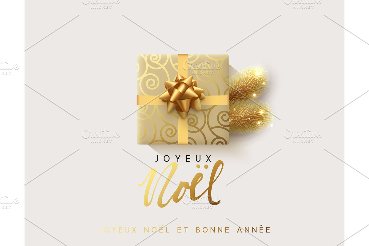 French text Joyeux Noel. Vector illustration letttering Merry Christmas, gift box closed wrapped ribbon with bow. in Objects - product preview 8