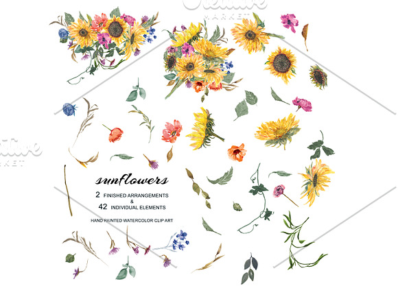 Hand Painted Watercolor Sunflower in Illustrations - product preview 3