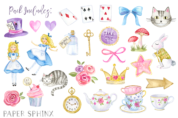 Alice in Wonderland Clipart Set in Illustrations - product preview 1