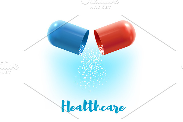 Open capsule pill 3d poster for medicine design