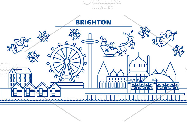 Great Britain, Brighton winter city skyline. Merry Christmas, Happy New Year decorated banner with Santa Claus.Winter greeting line card.Flat, outline vector.Linear christmas snow illustration