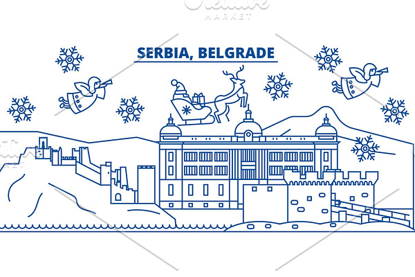 Serbia, Belgrade winter city skyline. Merry Christmas, Happy New Year decorated banner with Santa Claus.Winter greeting line card.Flat, outline vector.Linear christmas snow illustration