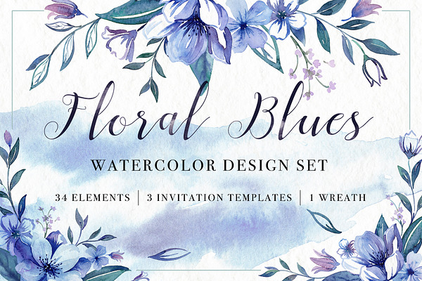Floral Blues Watercolor Design Set