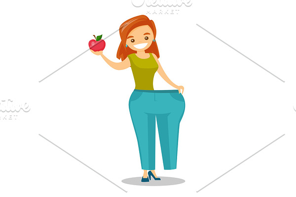 Slim woman in pants showing the results of diet.