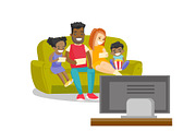 Multiracial family watching television at home.