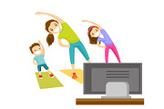 Young mother and her kids doing gymnastics at home