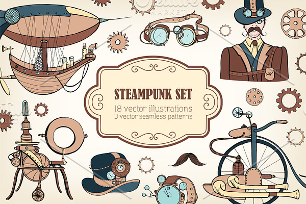 Seamless pattern, set with steampunk