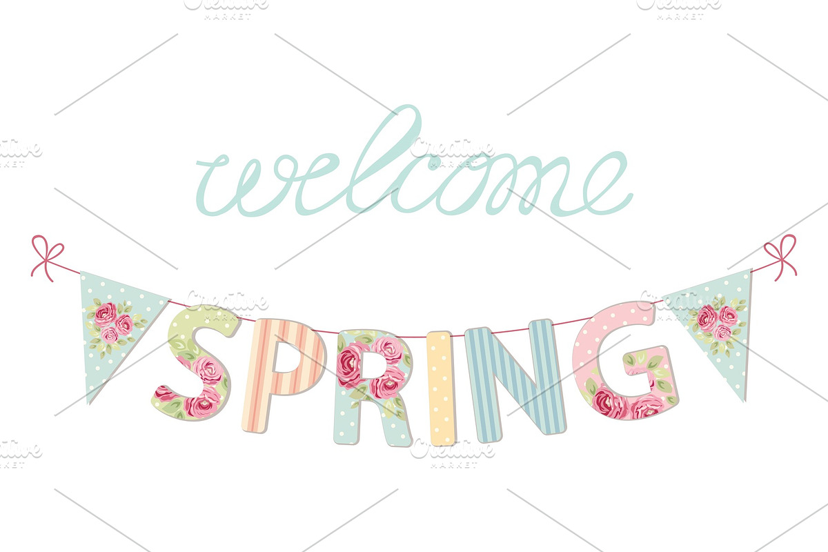 Cute vintage banner Welcome Spring as shabby chic letters and bunting flags in Illustrations - product preview 8