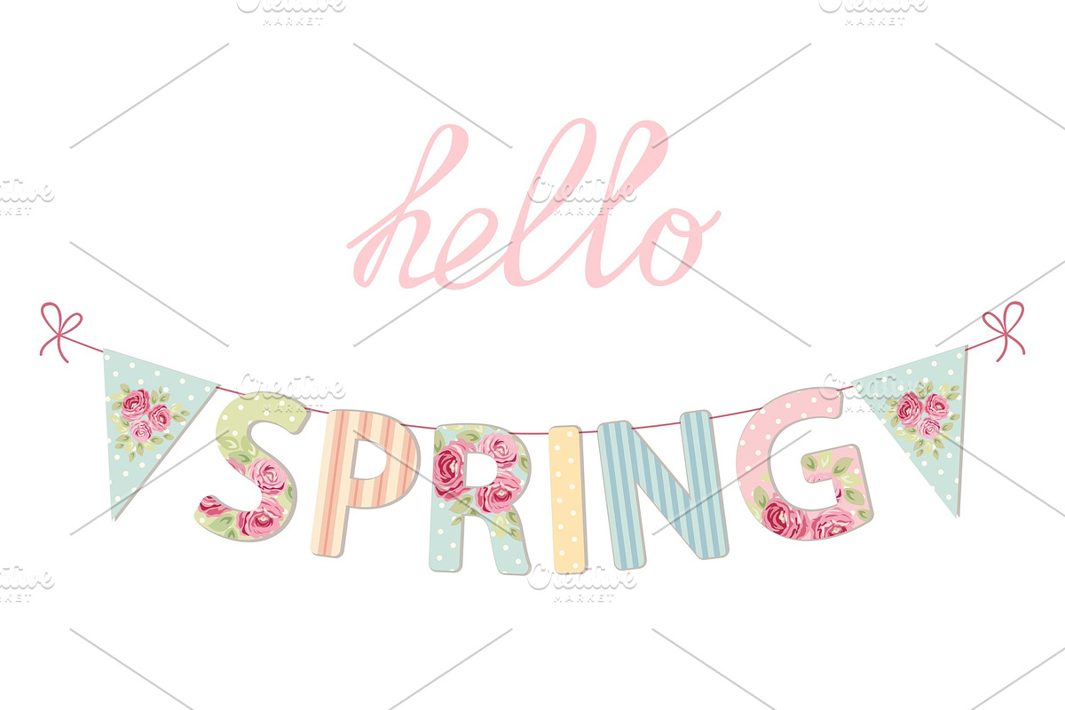 Cute vintage banner Hello Spring as shabby chic letters and bunting flags in Illustrations - product preview 8