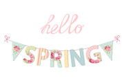 Cute vintage banner Hello Spring as shabby chic letters and bunting flags