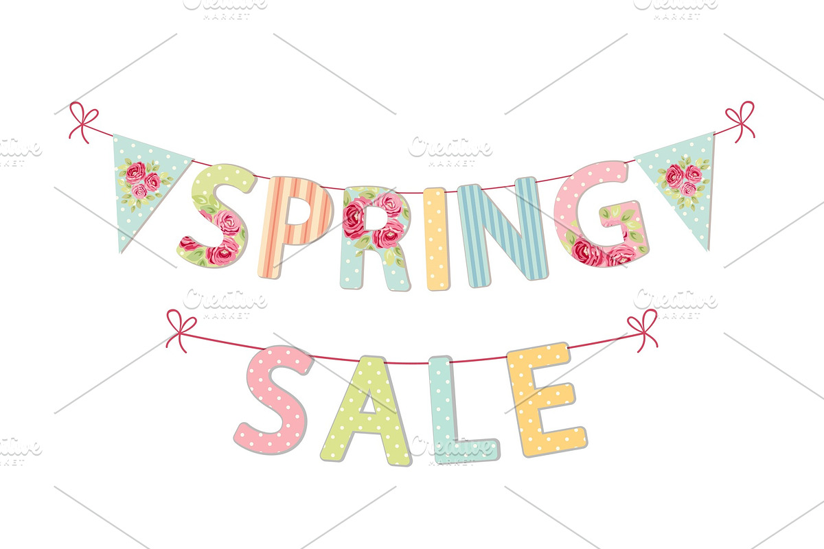 Cute vintage banner Spring Sale as shabby chic letters and bunting flags in Illustrations - product preview 8