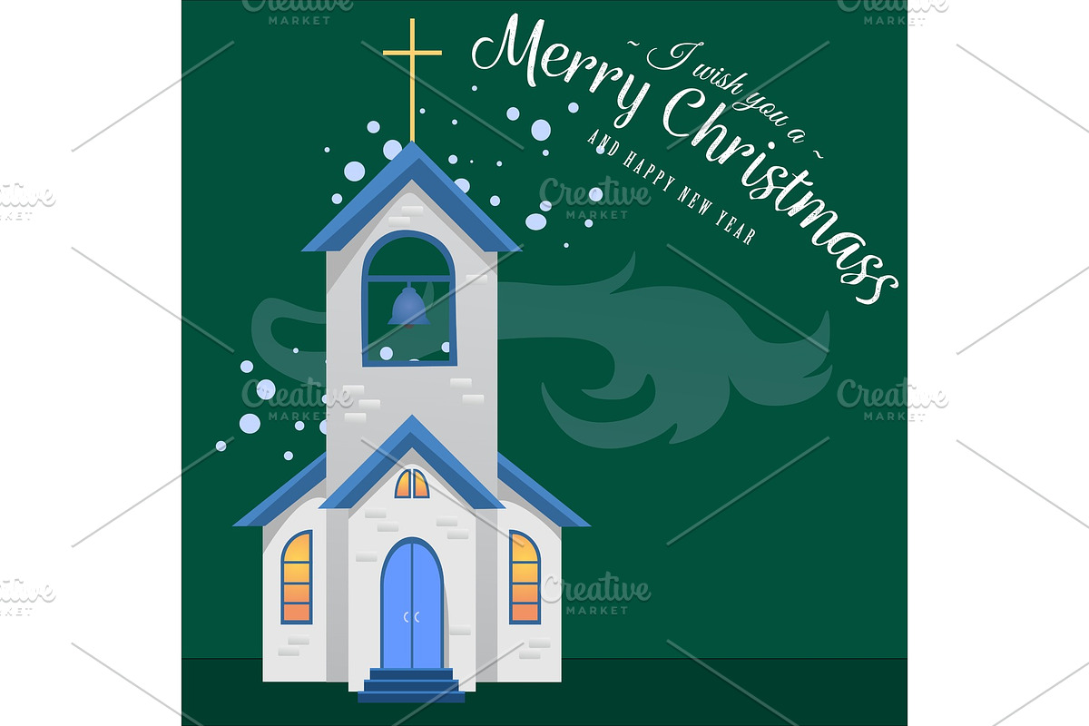 merry christmas and happy new year card, church and green tree under snow, christianity and Catholic winter city cathedral vector illustration, religious holy background in Illustrations - product preview 8