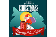 Santa Claus man in red suit and beard with bag of gifts behind him climbs into chimney, marry of christmas and happy new year vector illustration on white background card