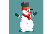 Snowman in black hat and gloves, red scarf tied around neck, nose from the carrot, marry christmas happy new year vector illustration