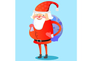 Santa Claus with hefty bag of gifts on his back congratulates everyone with Christmas and happy new year vector illustration