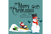 Snowman in black hat and gloves, red scarf tied around neck, nose from the carrot, penguins ride from snow hill on sleigh, marry christmas happy new year vector illustration