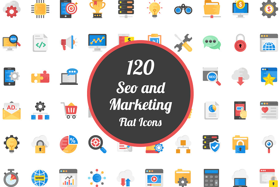 120 Flat Icons on SEO and Marketing