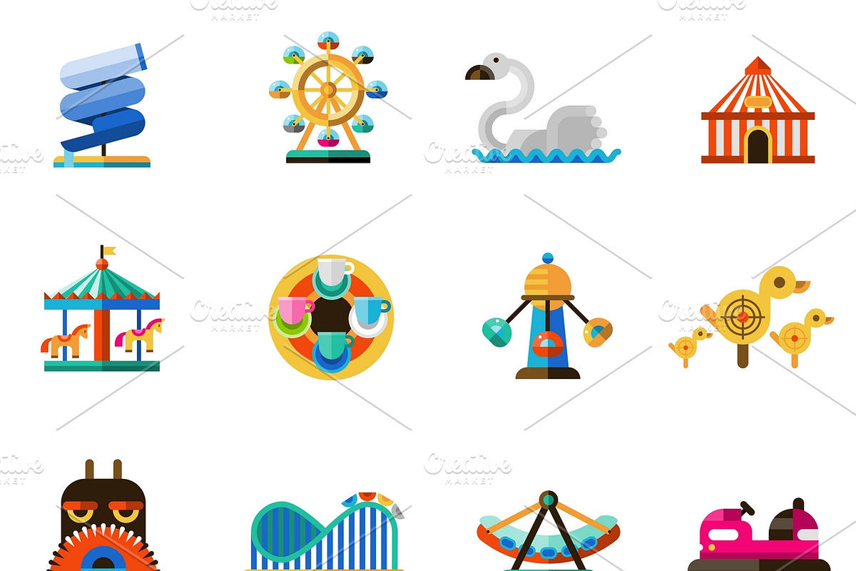 Amusement park icons set in Graphics - product preview 8