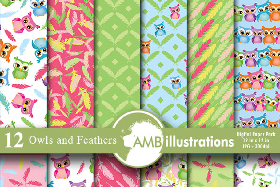 Digital Paper Owls, Feathers,AMB-453 in Patterns - product preview 8