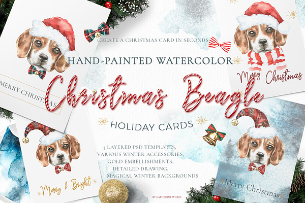 Christmas Watercolor Beagle Cards