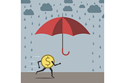 Dollar running to umbrella