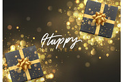 Happy New Year. Christmas background with gift box and golden lights bokeh.