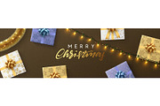 Christmas banner, Xmas sparkling lights garland with gifts and golden tinsel.