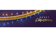 Christmas banner, Xmas sparkling lights garland and golden tinsel.