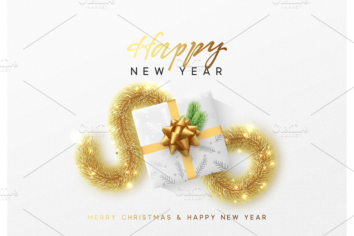 Merry Christmas greeting card. Xmas holiday background, gift box with gold tinsel and bright golden snowflake in Objects - product preview 8