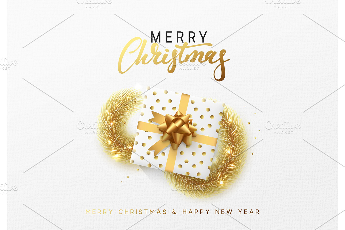 Merry Christmas greeting card. Xmas holiday background, gift box with gold tinsel and bright golden snowflake in Objects - product preview 8