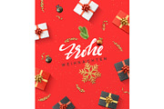 German text Frohe Weihnachten. Christmas composition. gift, confetti, golden snowflake and balls, Xmas tree branch