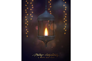 Christmas background, vintage dark blue lantern with a burning realistic fire