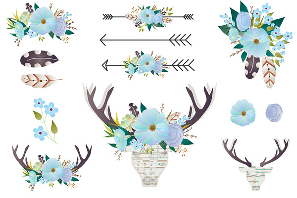 Boho Floral clip art - Deer antlers 