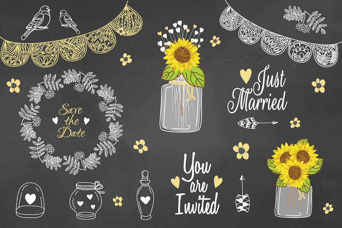 Sunflower Mason jar Rustic Clipart in Objects - product preview 8