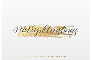 Christmas background with shining gold paint brush. Xmas greeting card