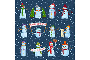 set of holiday snowman on a winter background. Snowmen in different hats and scarves with posters and New Year's attributes. Vector illustration.