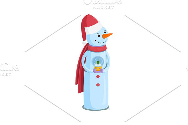snowman in santa hat with christmas ball on white background. Vector illustration.