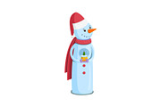snowman in santa hat with christmas ball on white background. Vector illustration.