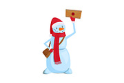 Snowman with a mail bag and letter on a white background. Vector illustration.