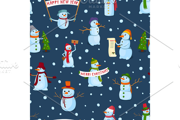 set of holiday snowman on a winter background. Snowmen in different hats and scarves with posters and New Year's attributes. Vector Seamless Pattern.