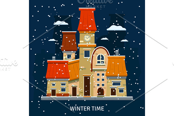 Winter street background with city houses and clock tower. Vector illustration.