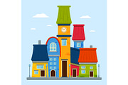 Summer city street in the morning with houses, a tower with a clock. Vector illustration.