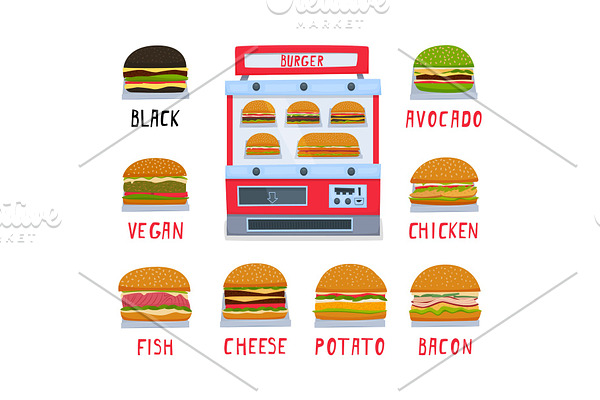 Vending machine for the sale of burgers. A set of burgers. Vector illustration.