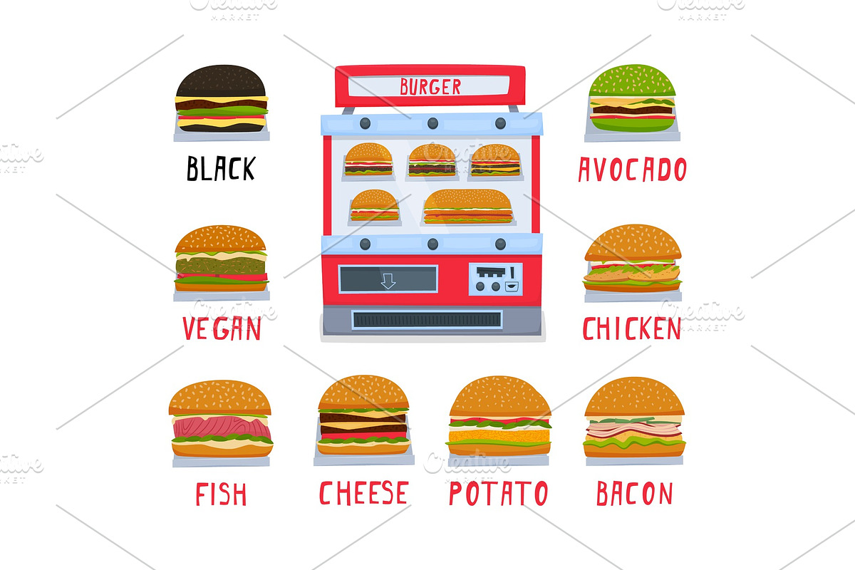 Vending machine for the sale of burgers. A set of burgers. Vector illustration. in Illustrations - product preview 8