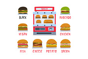 Vending machine for the sale of burgers. A set of burgers. Vector illustration.
