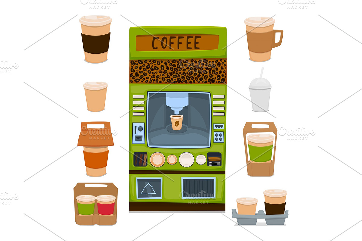 vending machine for the sale of hot coffee drinks and chocolate. Packaging for take-away coffee. Vector illustration. in Illustrations - product preview 8